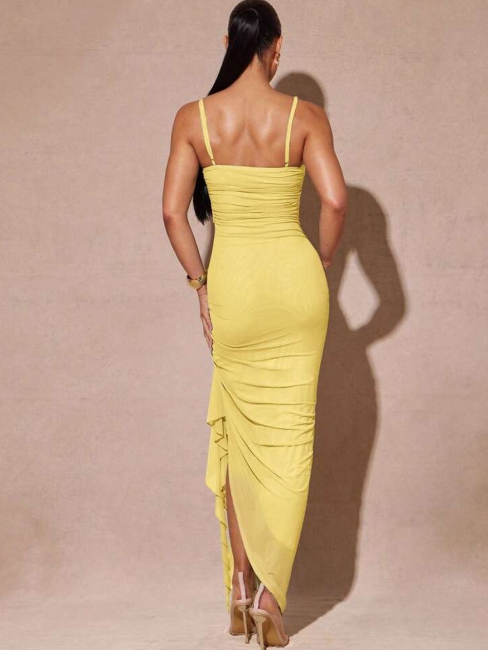 Yellow Ruched Sheath Dress with Side Ruffle - Picture 7 of 7
